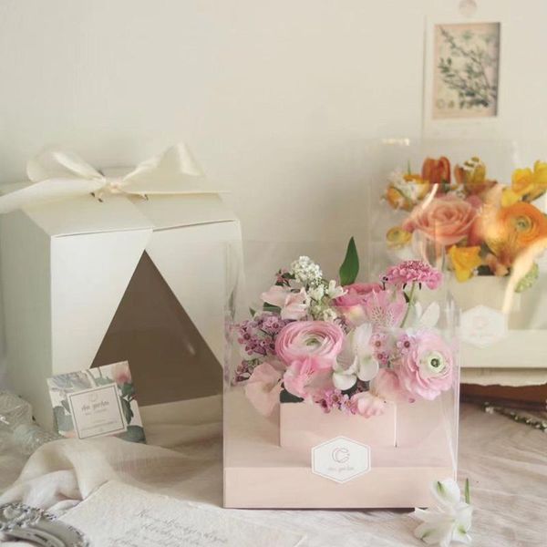 

gift wrap portable folding flower paper box with ribbon transparent pvc v window rose packaging arrangement supplies