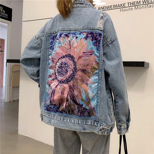 

jean jacket women print coat oversized jeans denim korean coats spring autumn 2021 jackets for harajuku women's, Black;brown