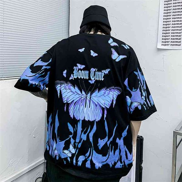 

flame butterfly print short sleeve t-shirt hip hop men's tee new summer oversized cotton loose trend design dropship 210322, White;black