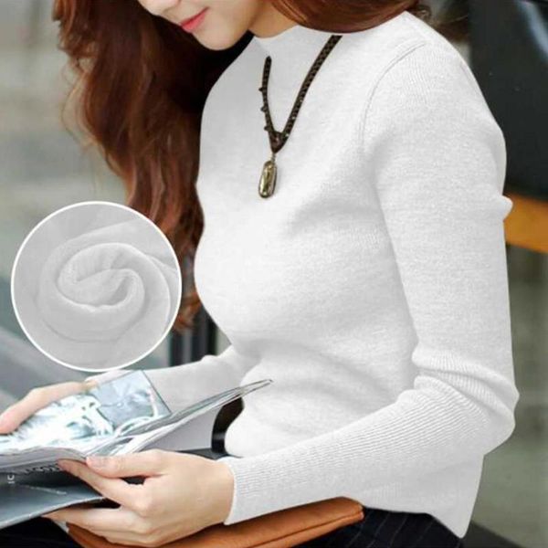 

women's sweaters casual women winter solid color turtle neck fleeced lined warm knitted sweater ladies round knit, White;black