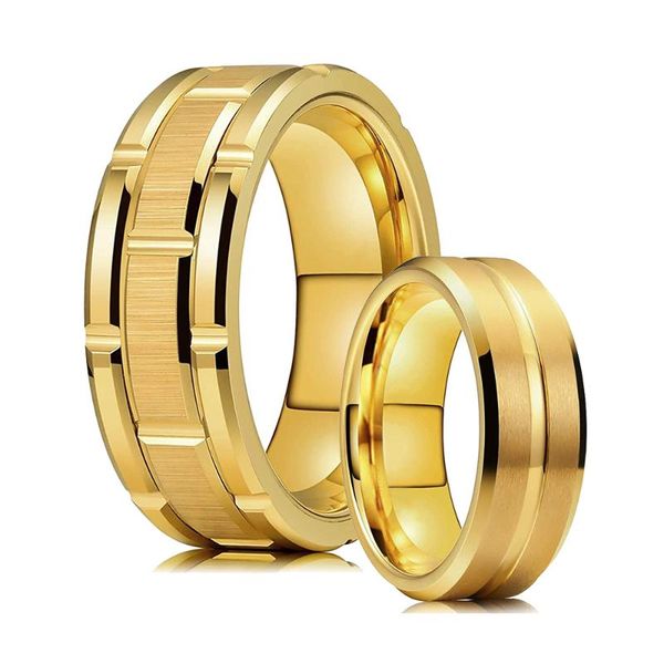 

wedding rings classic men's 8mm gold tungsten double groove beveled edge brick pattern brushed stainless steel for men, Slivery;golden