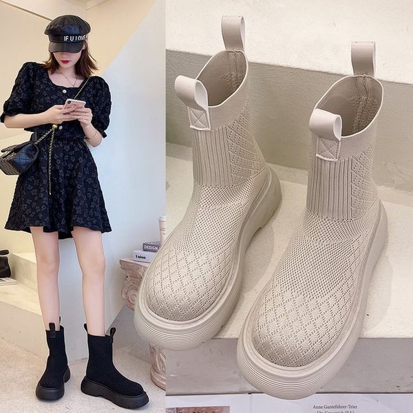 

elastic autumn breathable 2021 net red women's sho super fire knitted high casual sports socks boots, Black