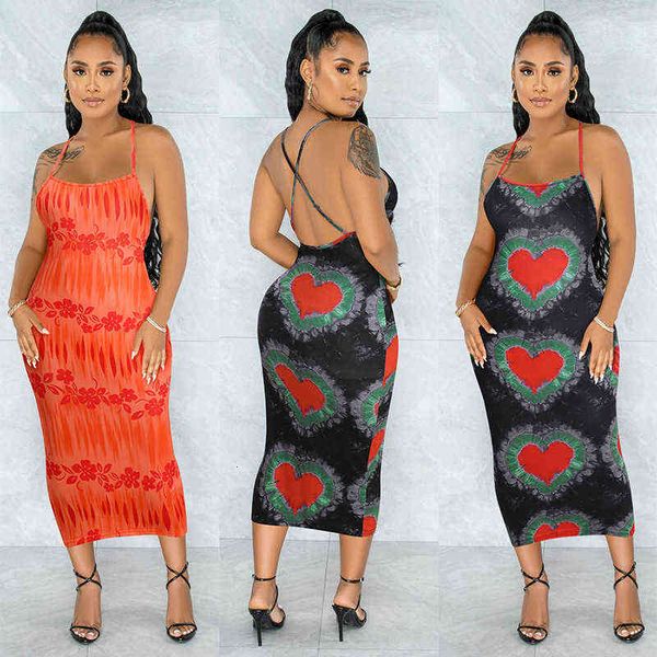 

casual dresses 2022 summer women's fashion long skirt with buttocks printed suspender dresses, Black;gray