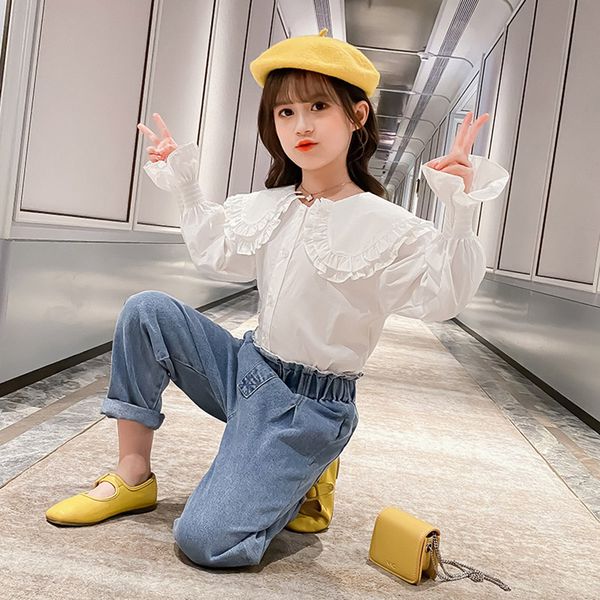 

girls clothes white blouse + jeans girls outfits flare sleeve clothes for teenage girls high waist childrens suits 6 8 10 12 14