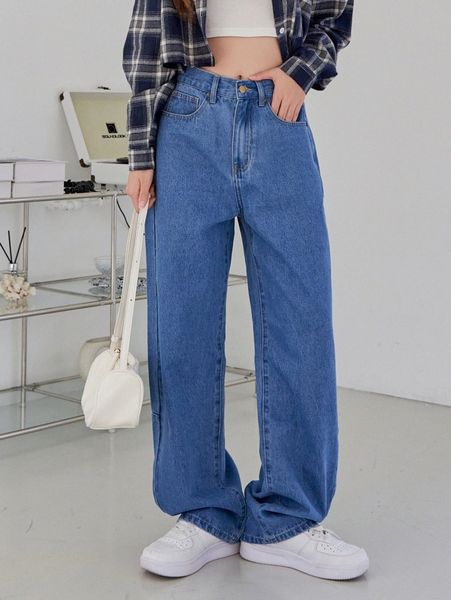 

dazy washed slant pockets wide leg jeans j9ng#, Blue