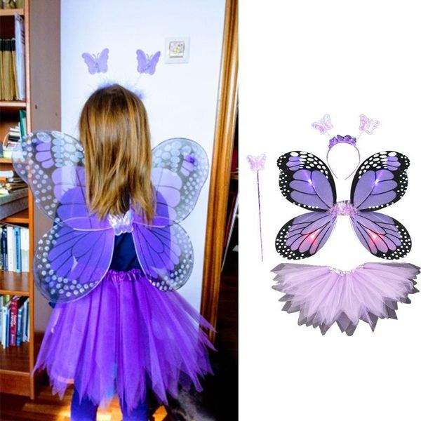 

skirts kids 4pcs fairy costume set led simulation butterfly wings pointed tutu skirt headband wand princess girls party up, Blue
