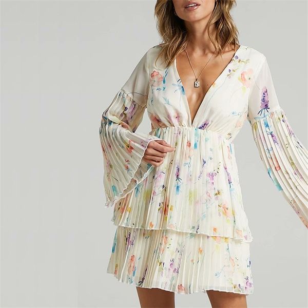 

women summer mini chiffon dresses flare sleeve cascading ruffle floral print v-neck female elegant a-line dress clothes 210513, Black;gray