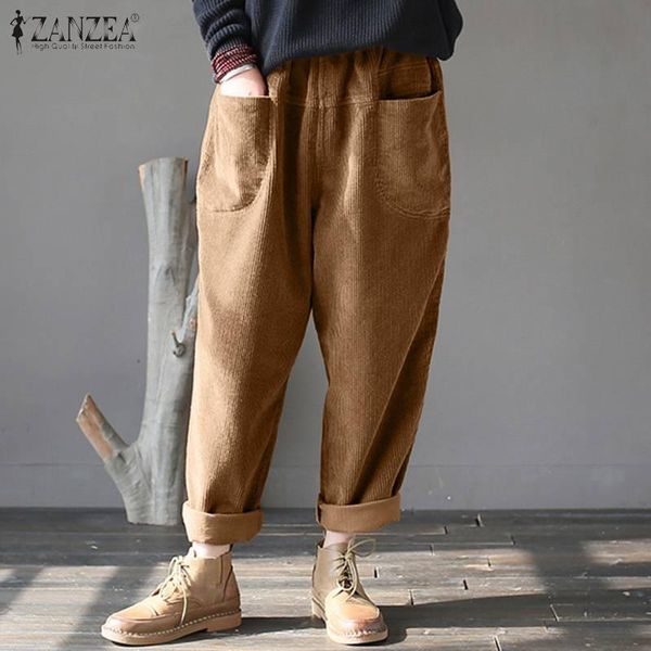 

women's pants & capris women corduroy zanzea vintage casual harem pantalon spring solid elastic waist long wide leg trousers female str, Black;white