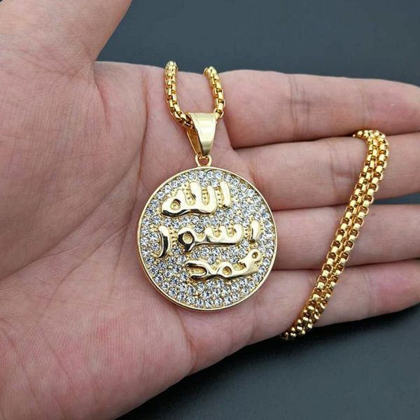 

pendant necklaces hip hop iced out ayatul kursi stainless steel necklace islam muslim round arabic gold jewelry, Silver