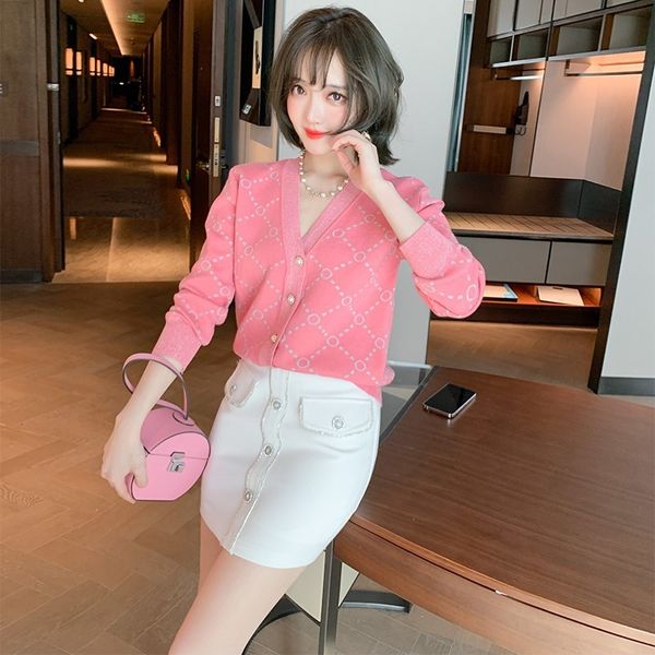 

fashion women's knitted cardigan fresh style v-neck single-breasted bright silk blended 210520, White