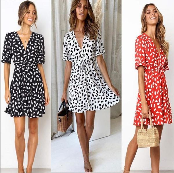 

women's deep v short sleeve half dot print bandage dress swimwear, White;black
