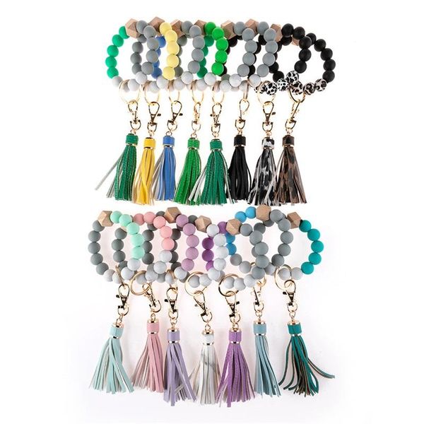 

silicone beaded strands bracelets wood beads tassels keychain women men key rings bangles colorful, Black