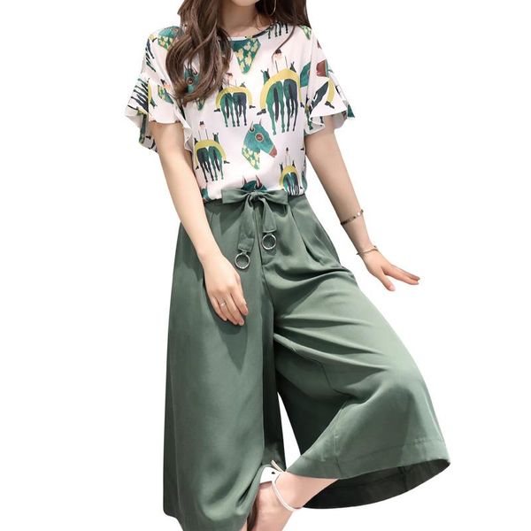 

large 5xl summer korean o collar short shirt + wide leg pants suit women temperament 2 piece slim printing set women's tracksuits, Gray