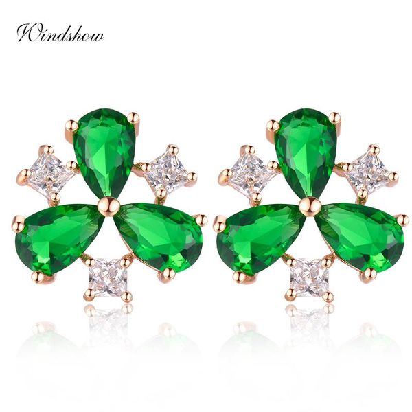 

stud three petals clover green cz zircon triangle flower earrings for women girls brass gold color jewelry aros aretes orecchini, Golden;silver