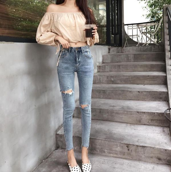

women's jeans high-waisted for women stretch and pot-holed feet retro hong kong style nine-point pants in 2021, Blue