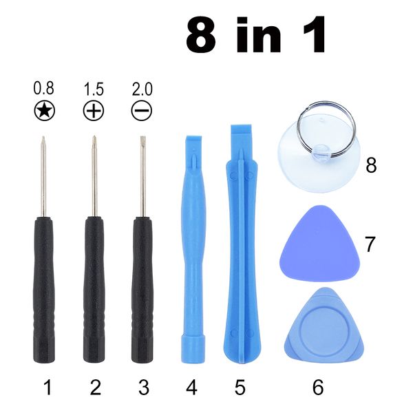 Kit di strumenti di apertura a leva di riparazione 8 in 1 con strumento cacciavite Pentalobe a stella a 5 punte per iPhone 4G 4S 5G 5S 3G 6 6Plus 6S 2000 set / lotto