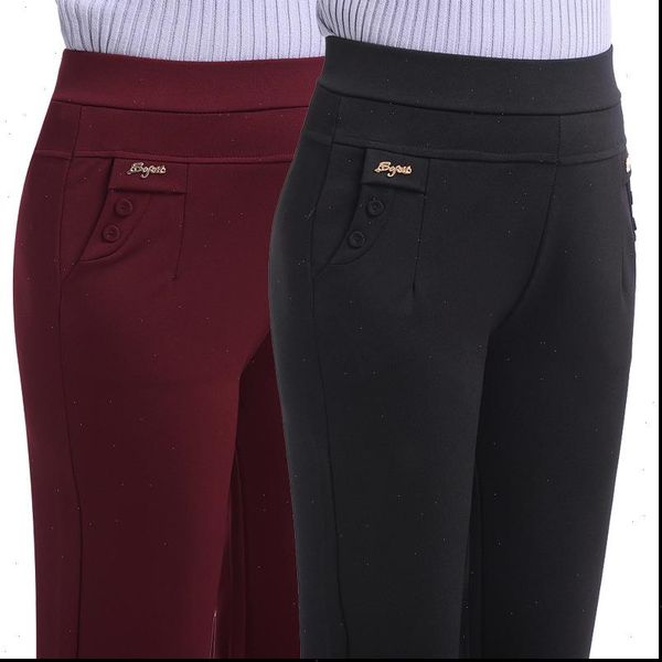 

winter warm velvet thick womens capri trousers with high waist elastic middle aged mother stretch straight pants fleece plus size, Black;white