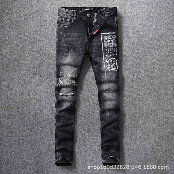 

fashion jeans high street men's make old black print dot drill punk style slim hip hop, Blue