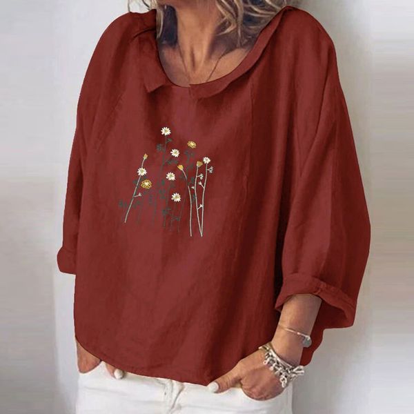

women casual linen cotton blouse shirt elegant daisy print long sleeve female autumn turn-down collar streetwear blusa, White