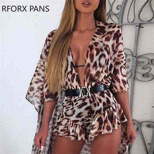 

leopard print dip hem ruffled jumpsuit for women 2021, Black;white