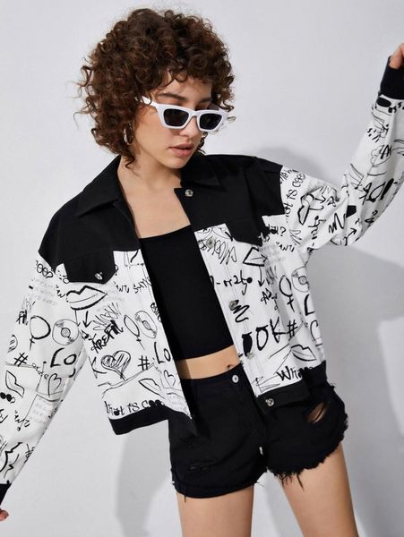 

letter & lips print drop shoulder jacket i8en#, Black;brown
