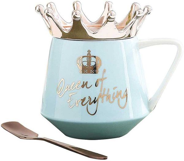 

creative romantic crown mug with lid, porcelain cup, removable lid, spoon - green