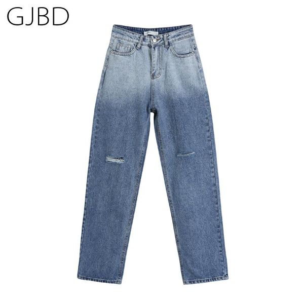 

high waist women ripped jeans 2021 spring straight long pants vintage streetwear baggy gradient color femme denim trouser women's, Blue