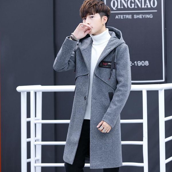 

men's wool & blends casual fashion long woolen winter coats men warm slim coat jacket sleeve solid single breasted overcoat, Black