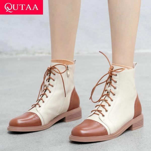 

boots qutaa 2021 mixed color round toe autumn winter ankle cow leather fashion square middle heel lace up women shoes size 34-391, Black
