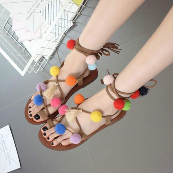 

summer ankle strap sandals color hair ball tassel narrow band flat, Black