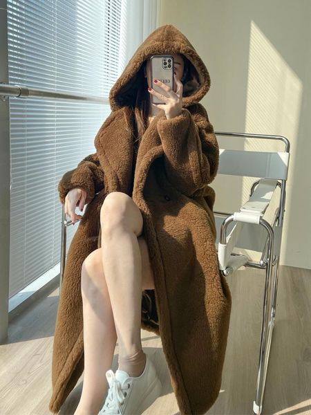 

women's fur & faux autumn and winter tobacco color bear coat hooded mid-length alpaca profile, Black