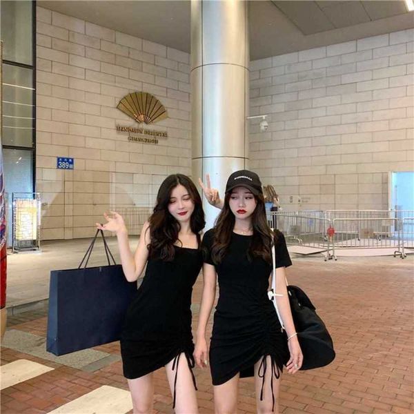 

suspender skirt women's summer one line shoulder drawstring pleated tight buttock show thin base dress, Black;gray