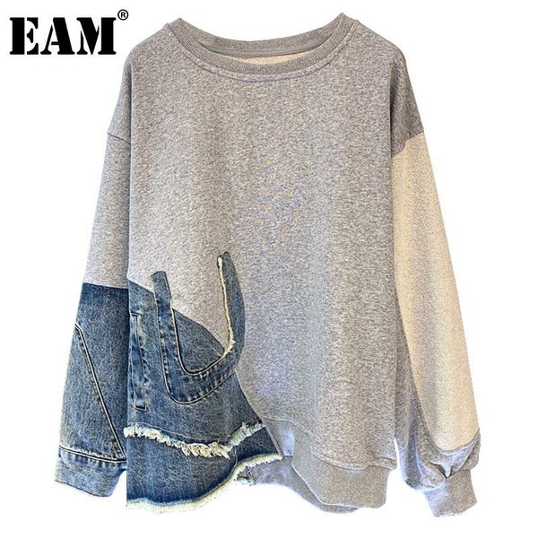 

[eam] loose fit gray denim irregular sweatshirt round neck long sleeve women big size fashion spring autumn 2021 1dd2739 women's hoodie, Black