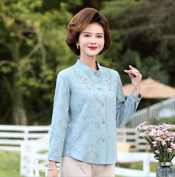 

2021 spring middle age mother long sleeve shirt women stand collar embroidery blouse women's blouses & shirts, White