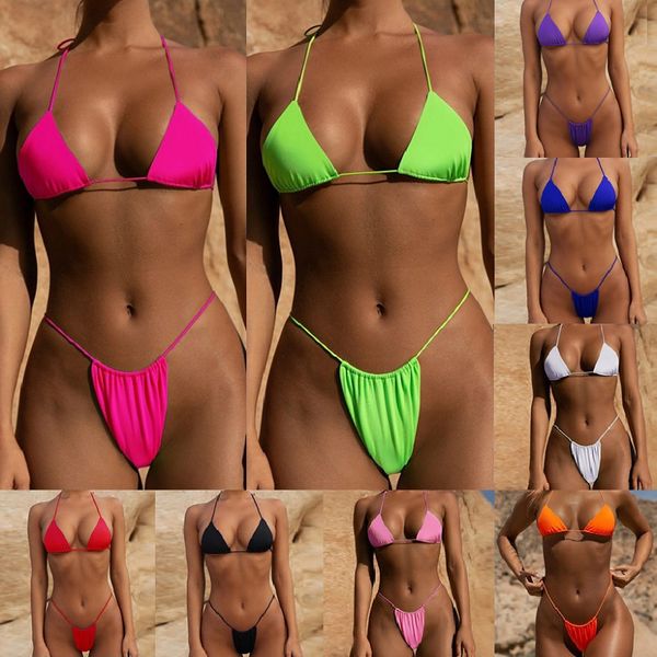 

bikinis set summer beach sports lace-up triangle bikini open back high elastic solid color split knit ladies swimwear