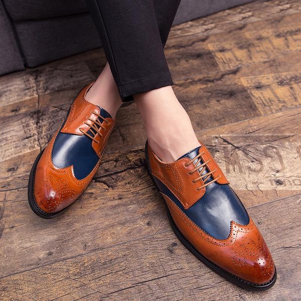 

dress shoes luxury classic mens brogue oxfords genuine cow leather brown pointed toe lace up male formal footwear wedding party9, Black