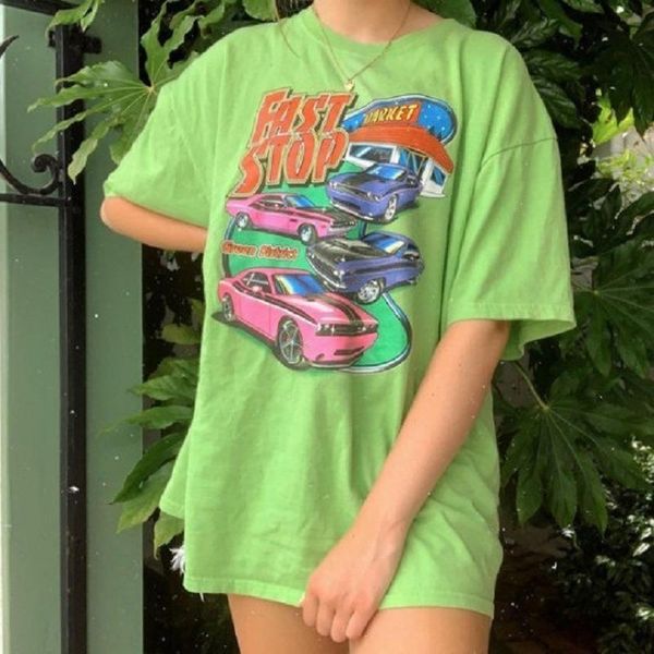 

green letter car print tshirt oversized loose summer girls tee casual streetwear o neck short sleeve fashion kawaii clothes women's t-, White