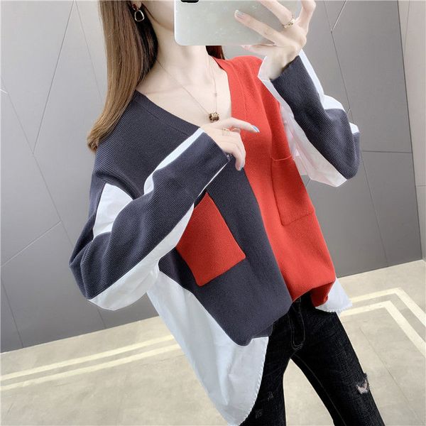 

spring autumn new women fashion casual loose fake two pieces of color matching outer long coat knitted splicing shirt, White;black