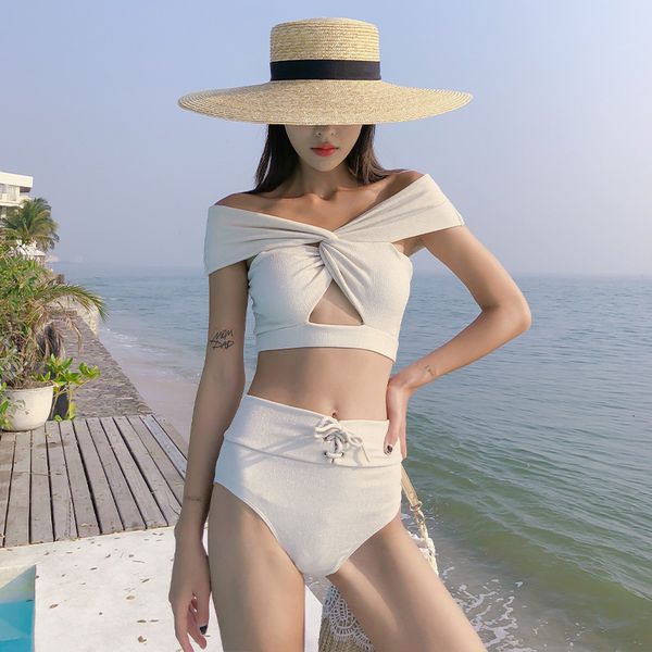 

split one waist shoulder high bikini women's cross lace up tight simple holiday swimsuit women, Black;white