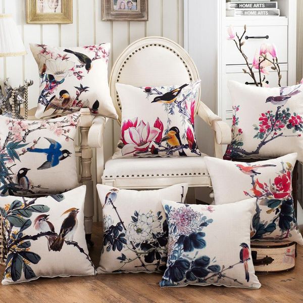

cushion/decorative pillow american country style flower birds cotton linen covers decorative bedding pillows cases home decor cover 45*45cm