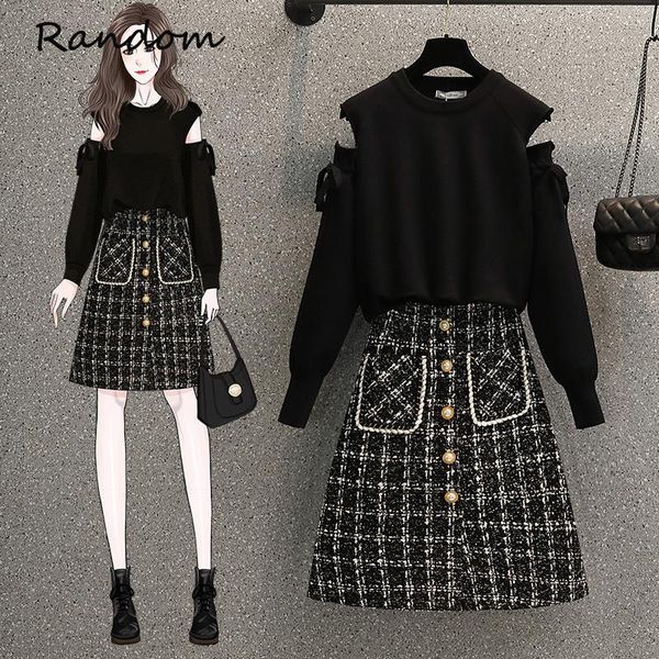 

women's tracksuits women 2021 autumn winter y2k suit sweaterand tweed plaid skirt two piece set outfit plus size office ladies clothing, Gray