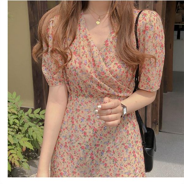 

casual dresses girls floral plus size summer v neck dress boho party chiffon female print short sleeve women robe vestido, Black;gray