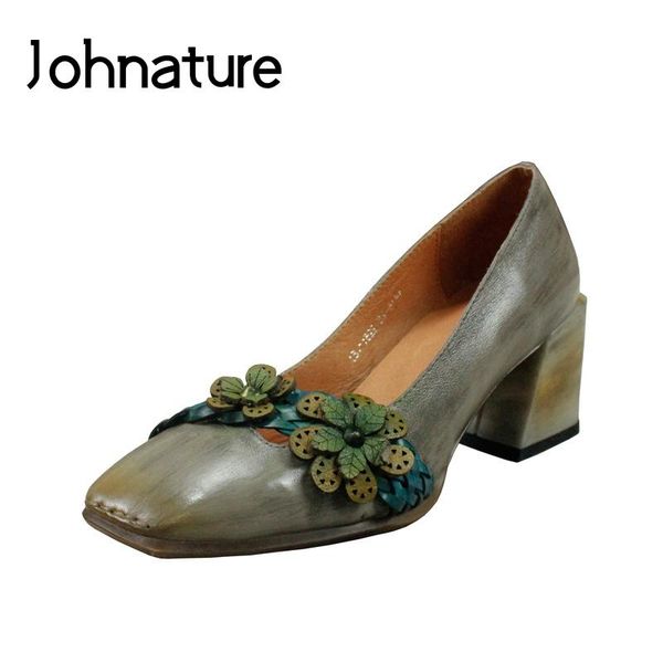 

johnature 2021 handmade spring/autumn genuine leather square toe retro casual appliques flower high heels lady shoes pumps dress, Black