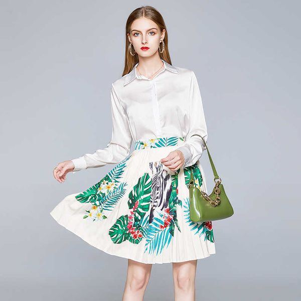 

women's summer office ol runway print 2 pieces suits white blouse shirt crop + high waist pleated mini skirt work wear set 210529