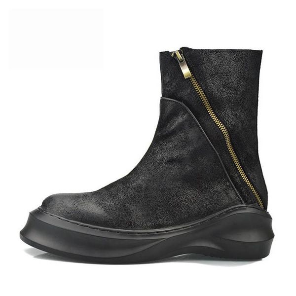 

boots brand cow genuine leather fashion thick platform mens harajuku zipper round toe man footwear vintage rock shoes, Black
