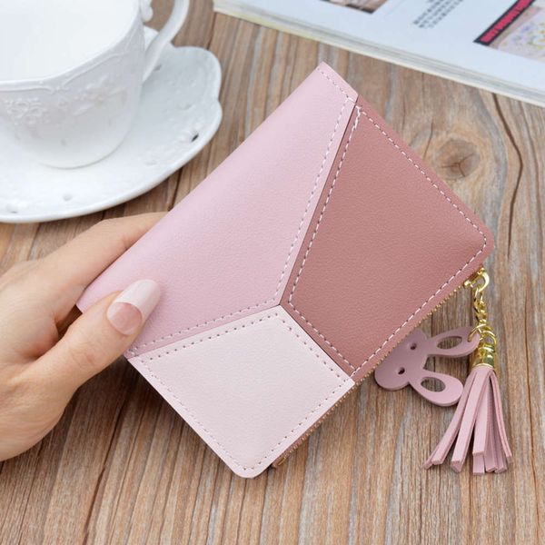 

korean version 2021 women's short wallet color contrast tassel zipper multi card zero, Red;black