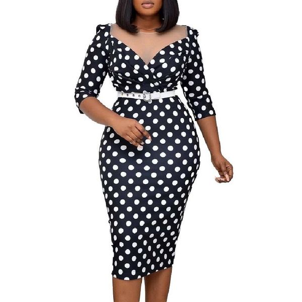 

neck polka dot printed african dress plus size women 3/4 sleeve elegant office party bodycon knee hip pencil dresses belt casual, Black;gray