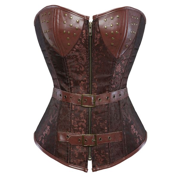 

gothic steampunk corset brown spiral steel boned overbust bustier clubwear with zipper and g-string s-6xl, Black;white
