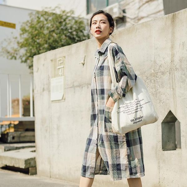 

women's blouses & shirts women spring summer long plaid cotton linen shirt ladies casual female turn down color blouse 2021, White