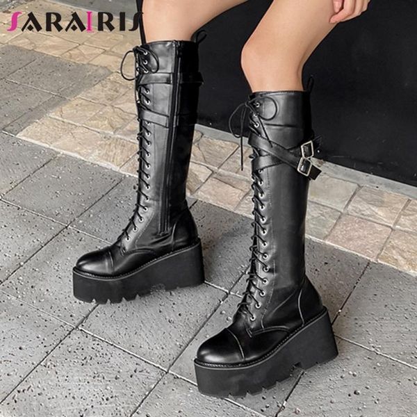 

boots sarairis solid lace up zipper platform motorcycle women buckle great quality cool ladies shoes, Black